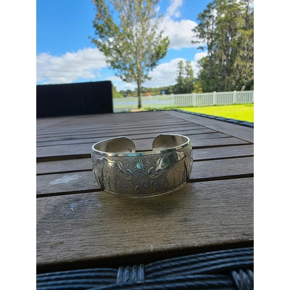 Silver Tone Elephant Cuff Bracelet Wide Boho‎ Festival Statement Jewelry